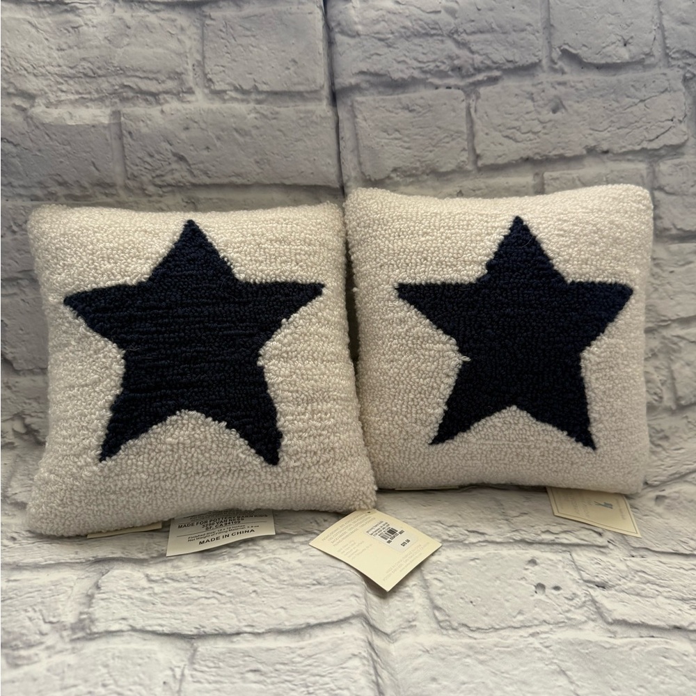 Pottery Barn Kids Set of 2 Star Decorative Pillows Hook and Loop Blue and White